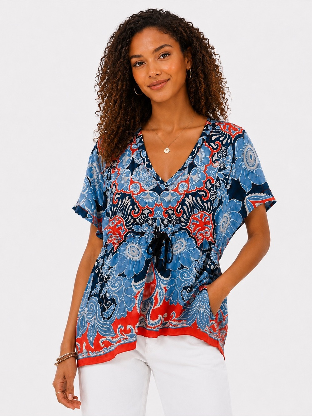 🌺 Johnny Was 100% Silk Printed Drawstring Tunic Top